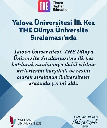 Yalova Üniversitesi İlk Kez THE Dünya Üniversite Sıralaması’nda