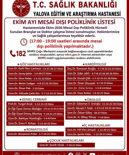 Yalova’da Ekim Ayı Mesai Dışı Poliklinik Hizmetleri Açıklandı