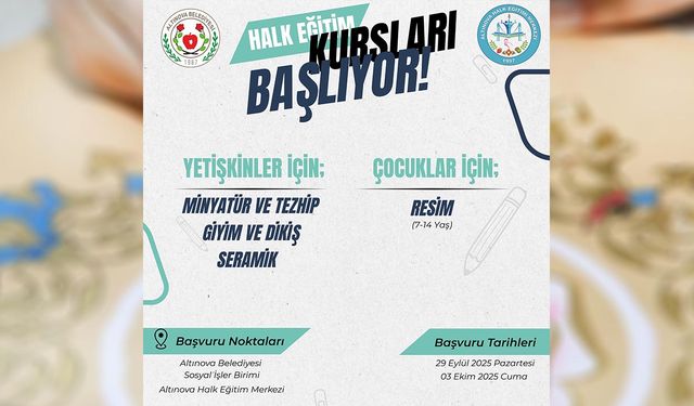 Altınova’da Halk Eğitim Kursları Başlıyor