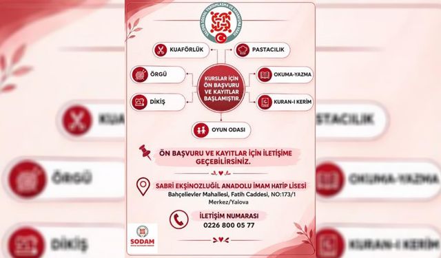 Yalova SODAM’da Mesleki ve Sosyal Kurslar İçin Ön Başvurular Başladı
