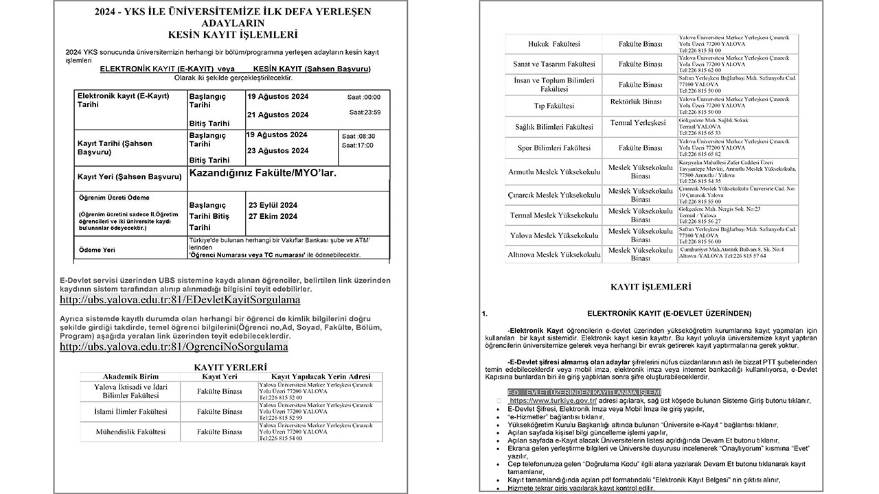 Yalova Universite Yks Yerlestirme Sonuc Kayit Basliyor 5