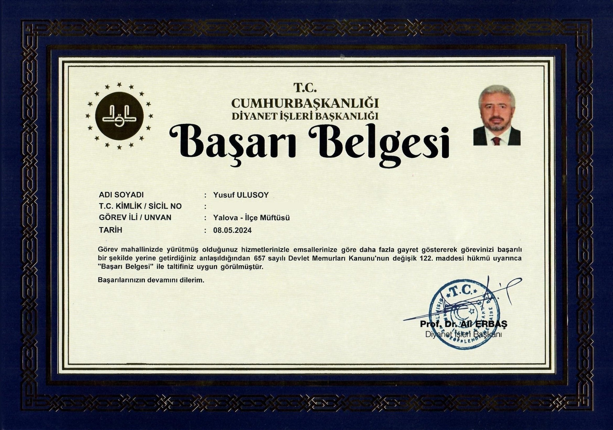 Yalova Ciftlikkoy Ilce Muftu Basari Belge (2)