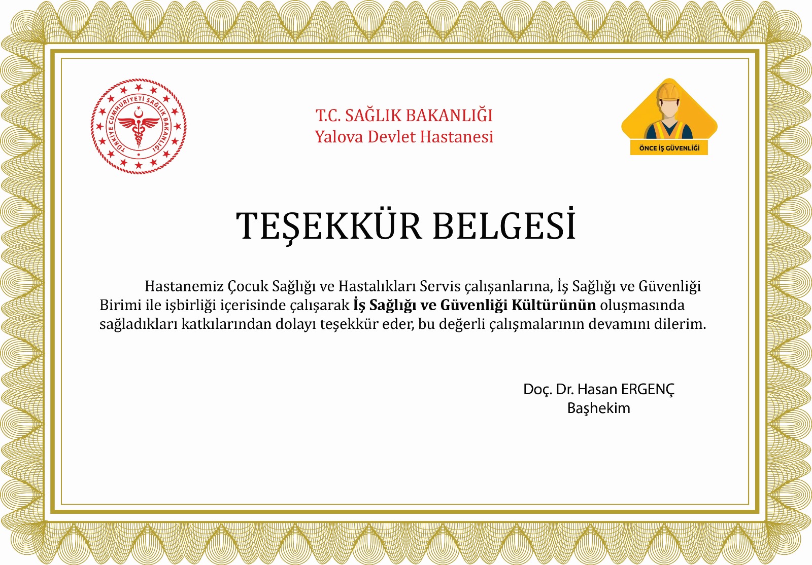 Yalova Egitim Arastirma Cocuk Saglik Merkez Bashekim Tesekkur Belge (1)