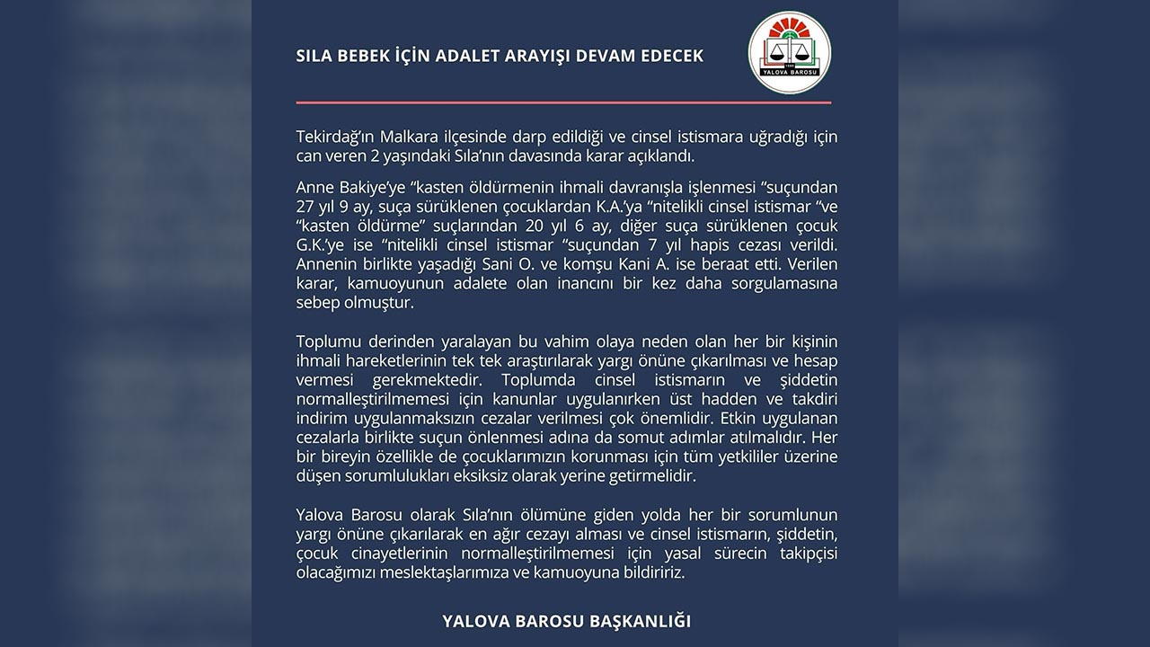 Yalova Baro Baskanlik Tekirdag Sila Bebek Cinsel Istismar Dava Kara Elestiri (2)