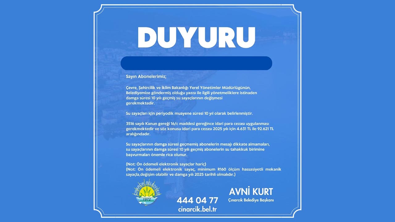 Yalova Cinarcik Belediye Su Sayac Degisim Vatandas Uyari (1)