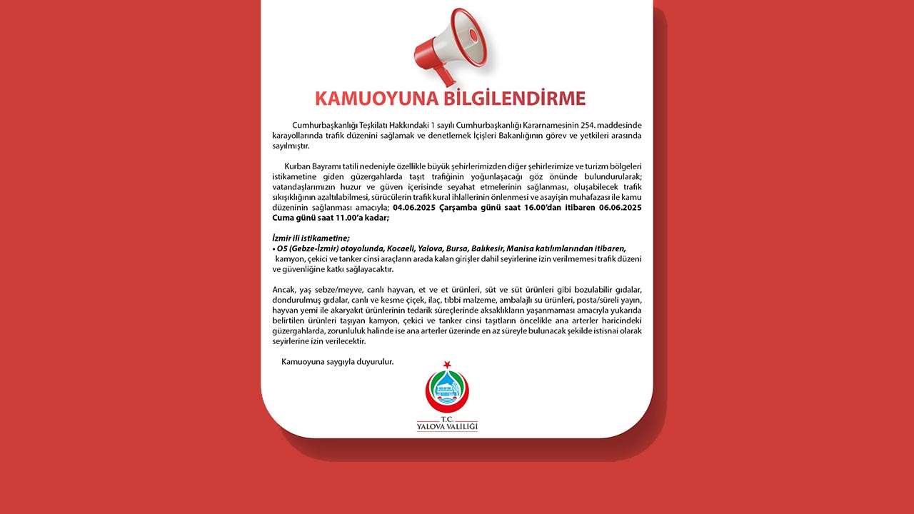 Yalova Icisleri Bakanlik Valilik Kurban Bayram Trafik Tedbir