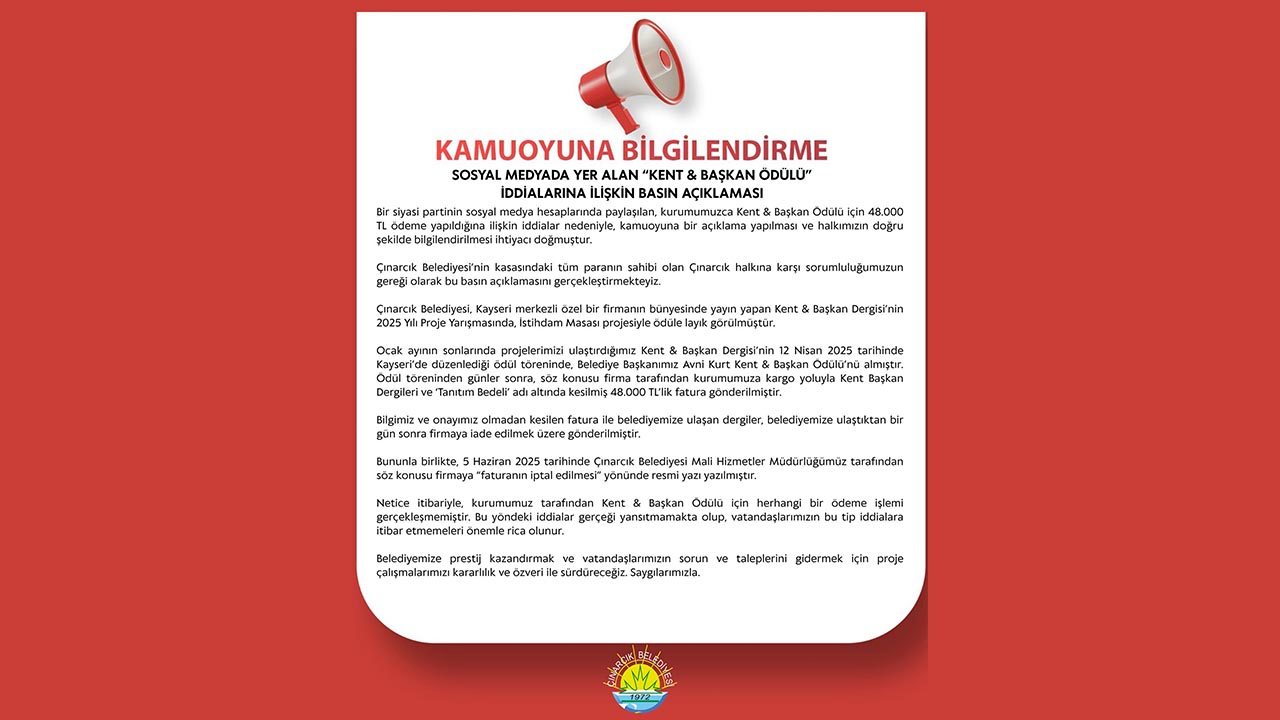 Yalova Cinarcik Belediye Kent Baskan Odul Toren Iddia Cevap (1)