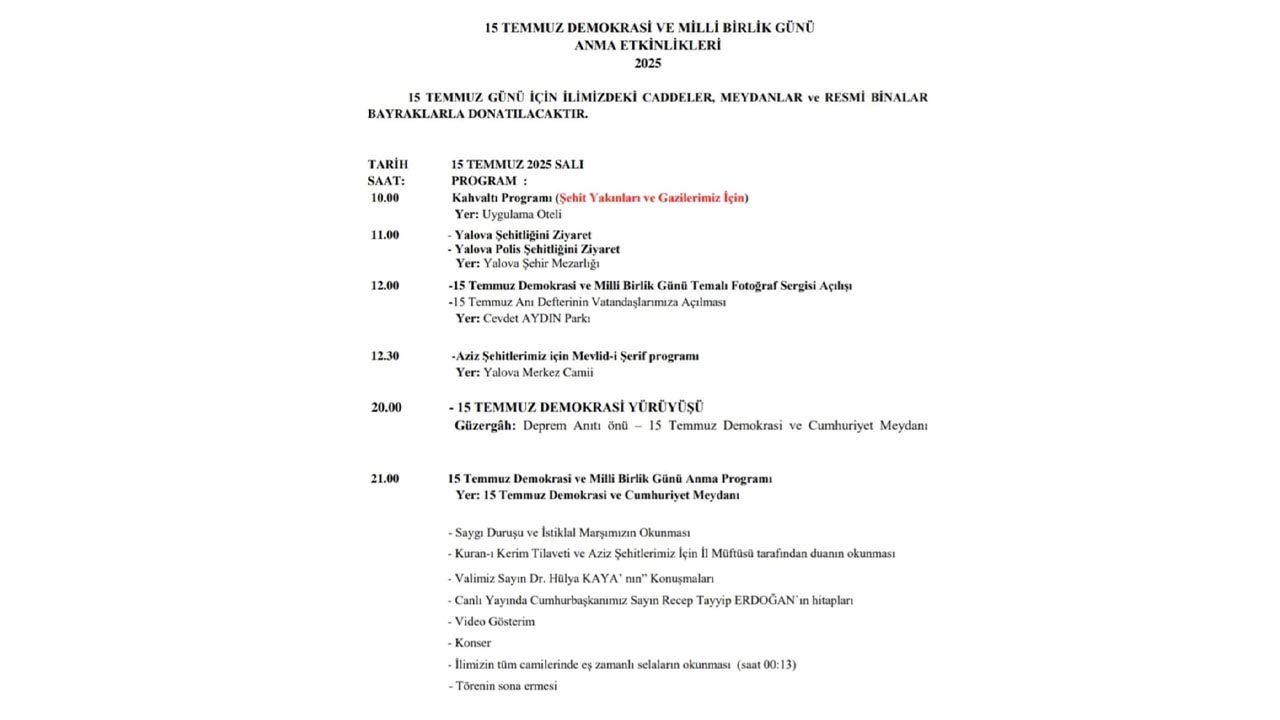 Yalova 15 Temmuz Darbe Anma Program