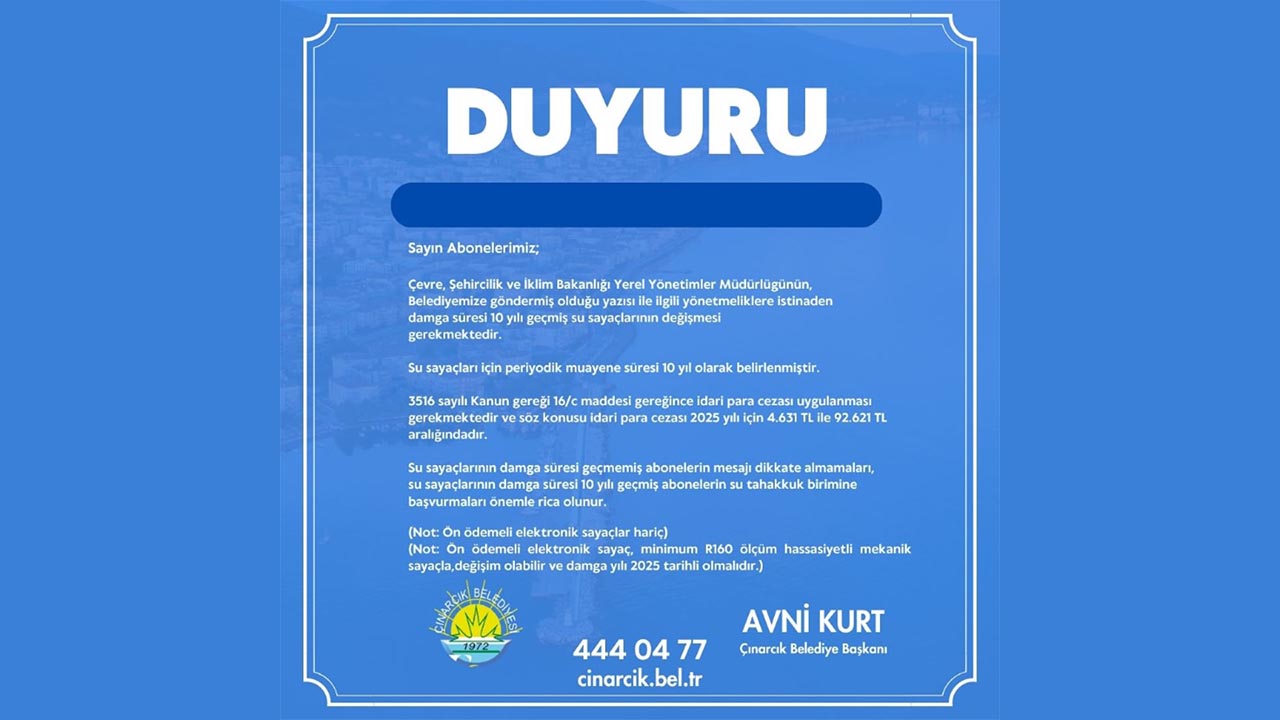 Yalova Cinarcik Su Abone Sayac