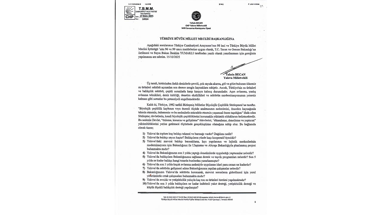 Yalova Chp Vekil Tbmm Soru Onerge Balikcililik Gelecek Sorunlar 1