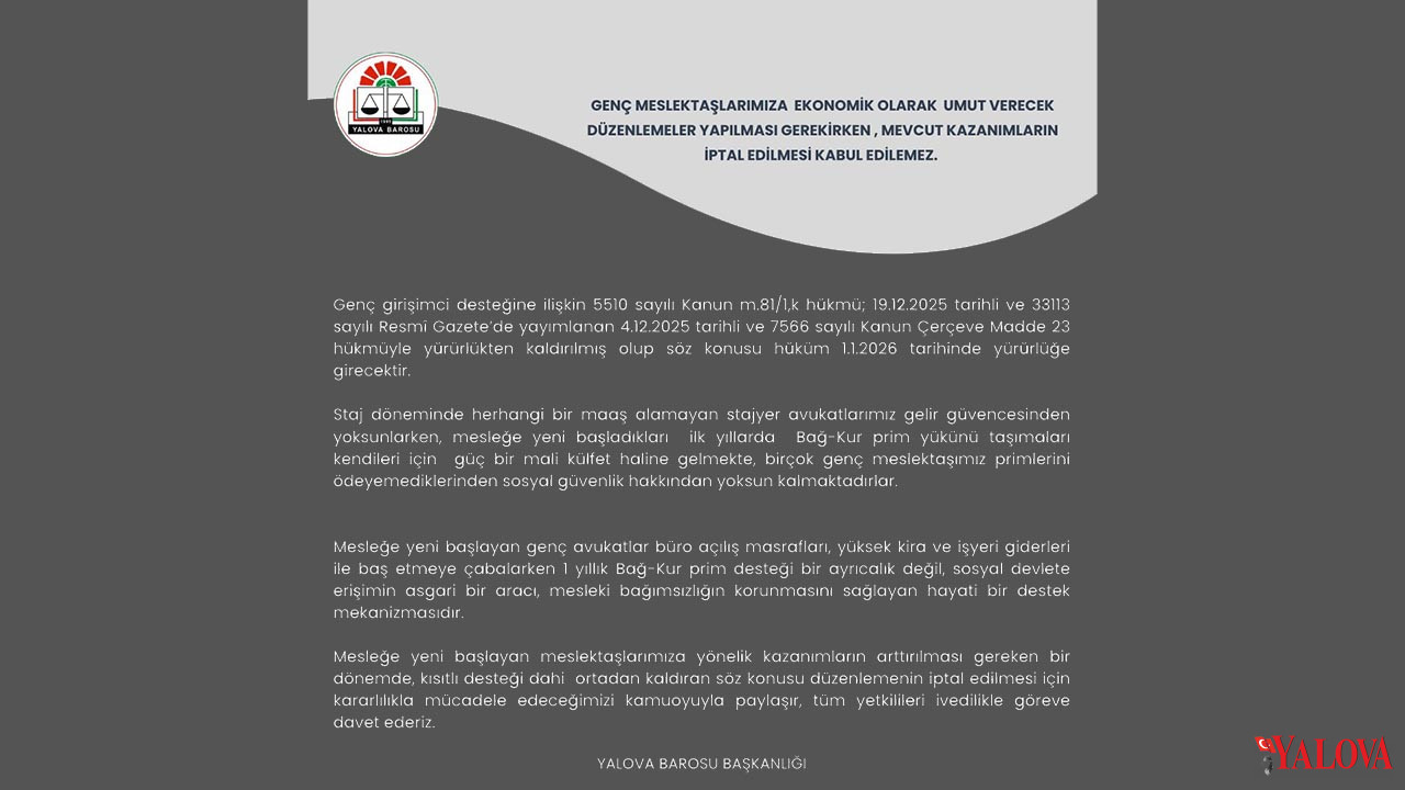 Yalova Barosu Baskanlik Genc Avukatlar Cagri Aciklama