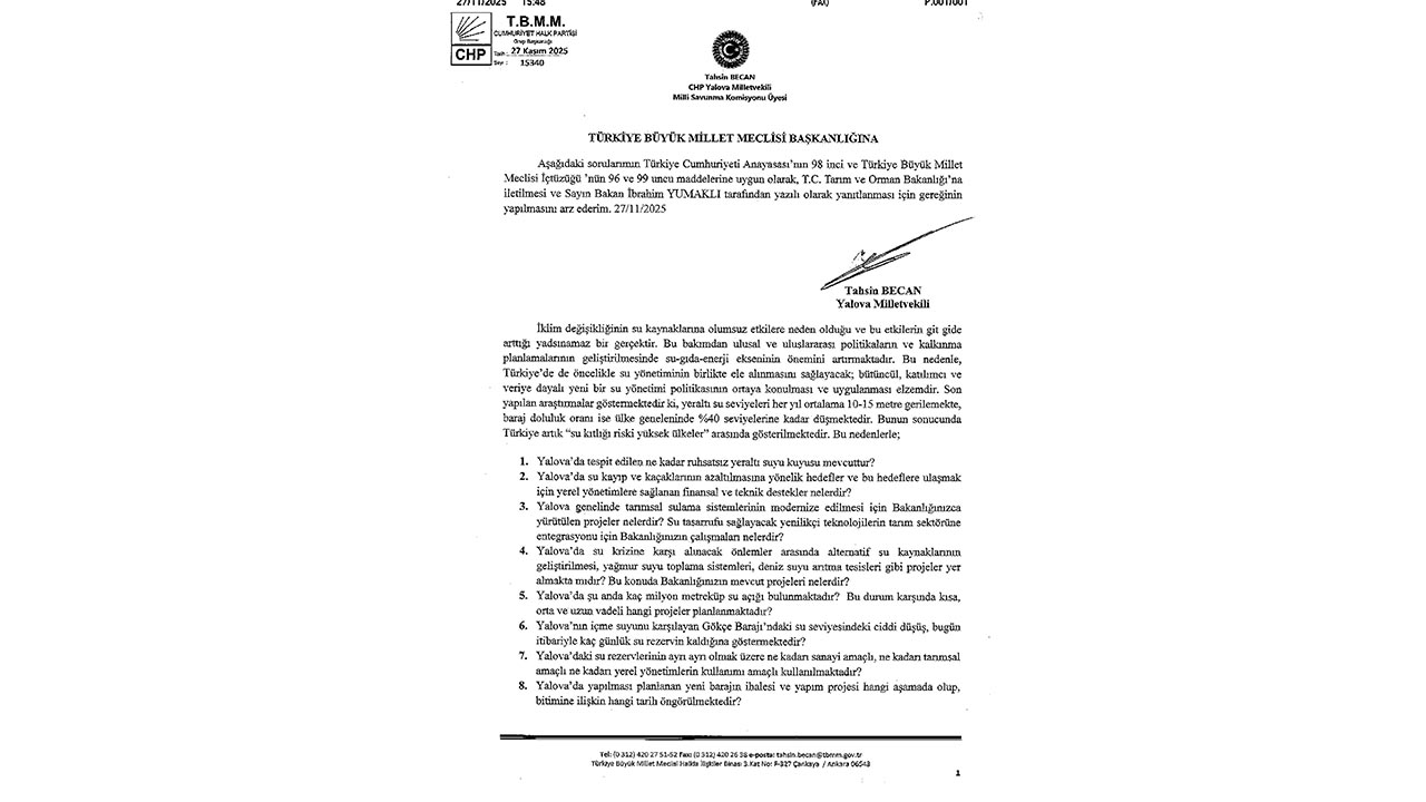 Yalova Chp Vekil Su Sorun Baraj Cozum Oneri Tbmm Soru Onerge 1