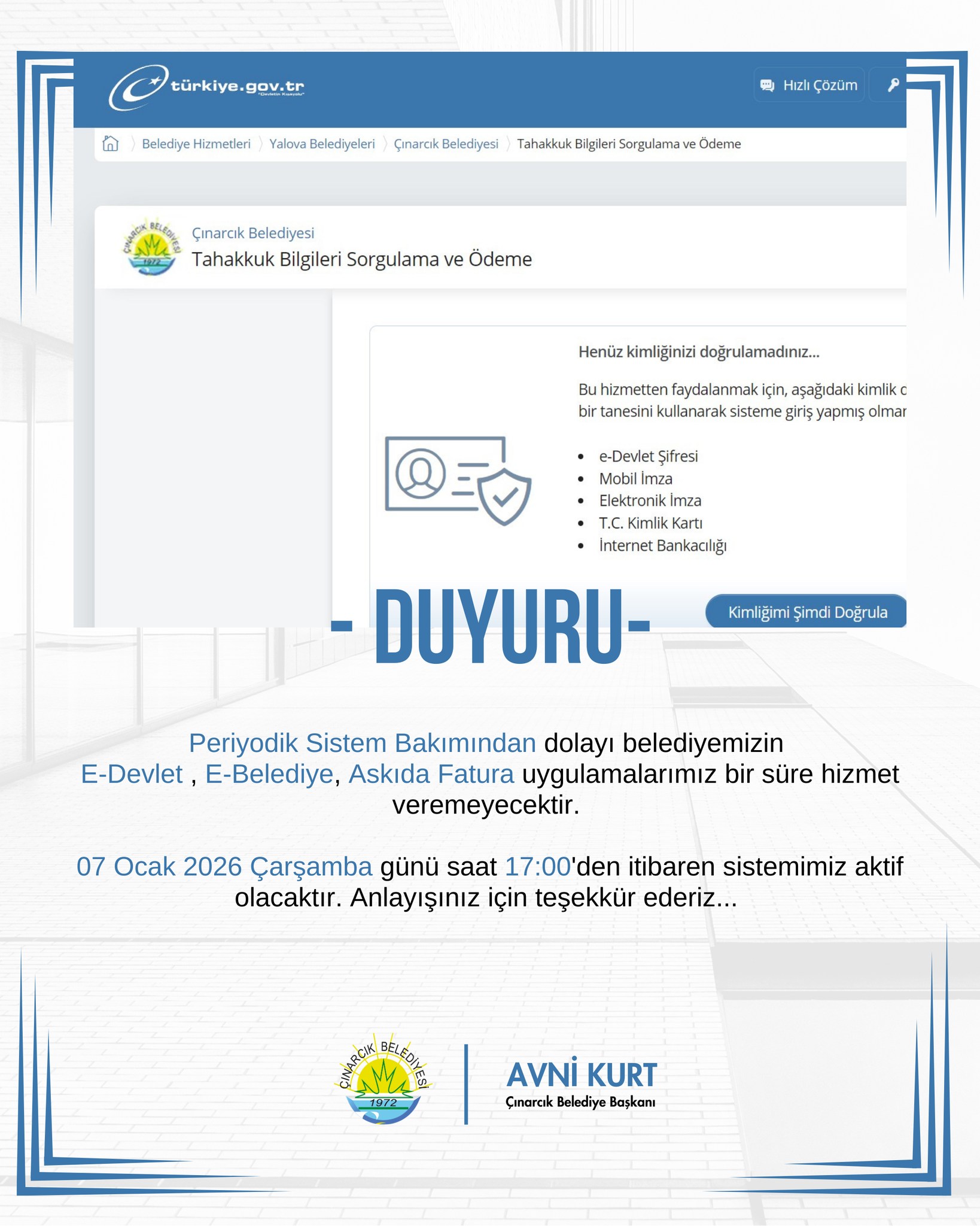 Çınarcık Belediyesi’nden Önemli Duyuru (1)