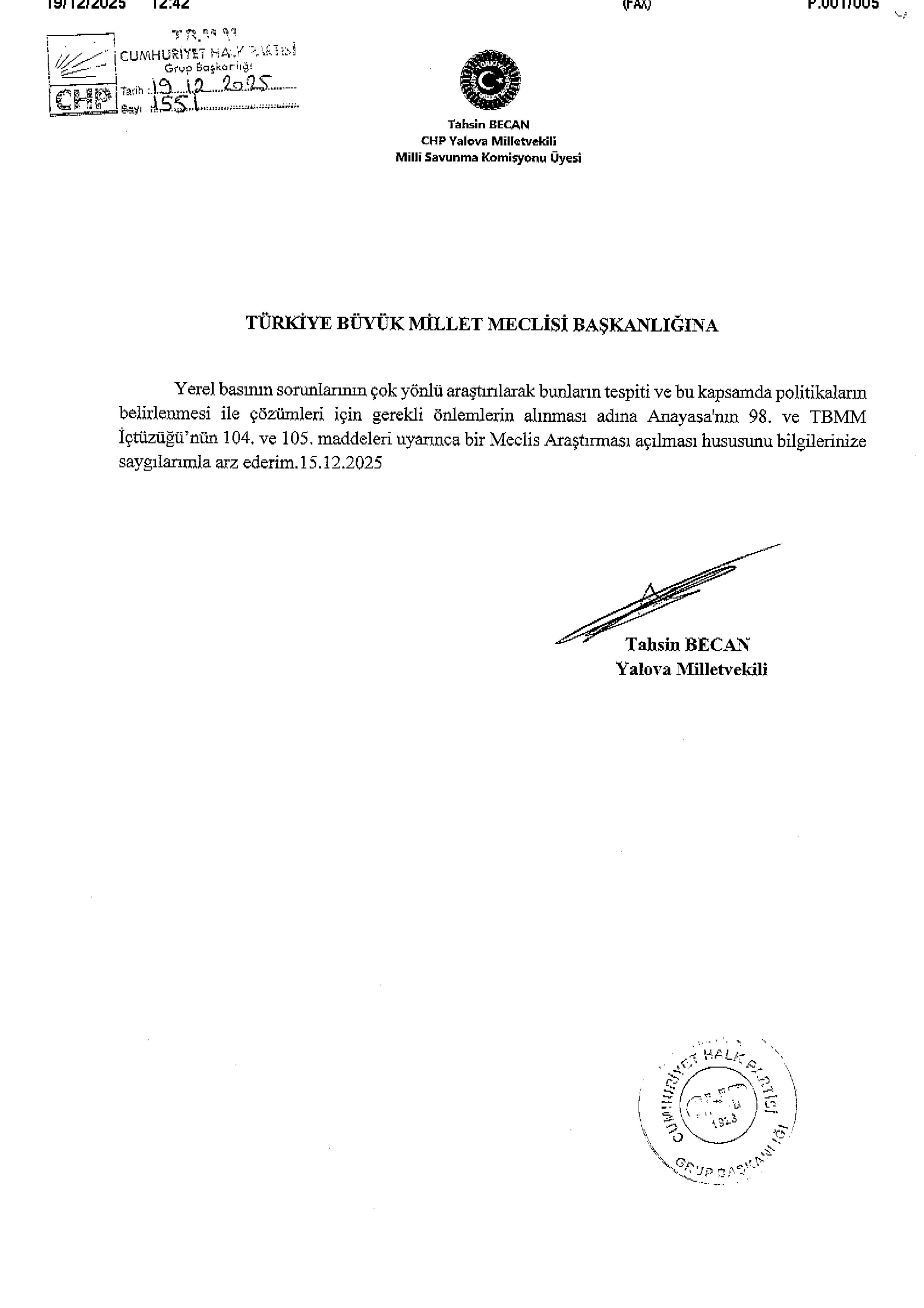 Yalova Chp Vekil Tbmm Yerel Basin Gazeteciler Soru Onerge 1