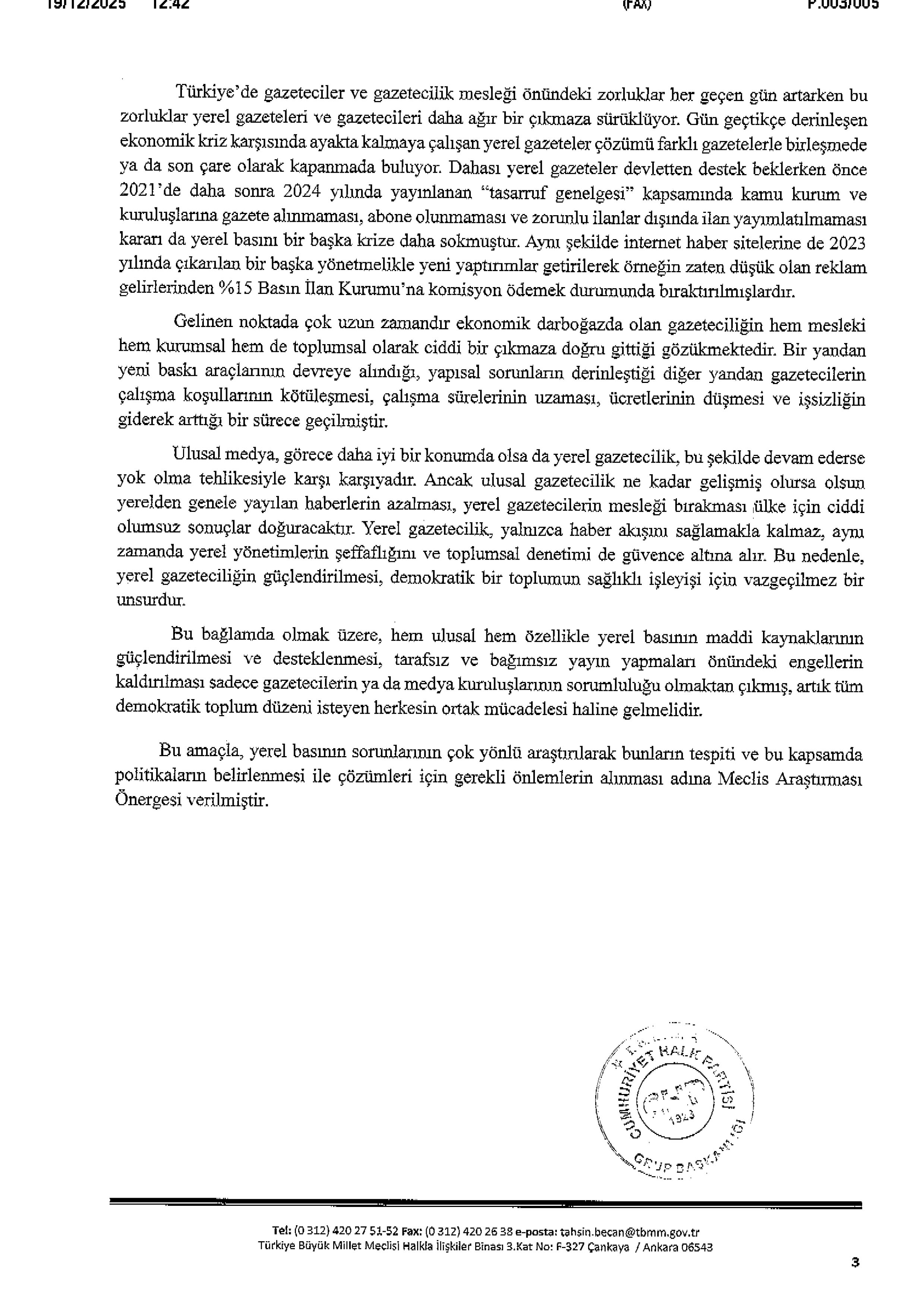 Yalova Chp Vekil Tbmm Yerel Basin Gazeteciler Soru Onerge 3