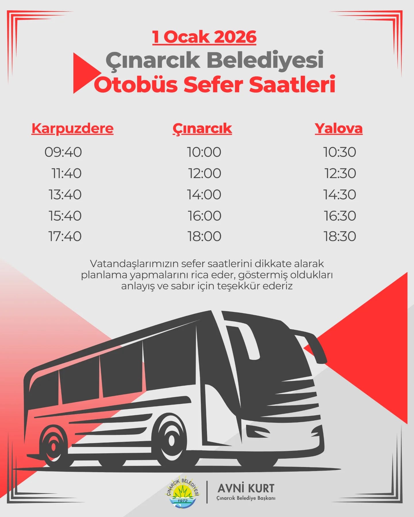 Yalova Cinarcik Belediye Otobus 2026 Saat Degisiklik Yeni Tarife (2)