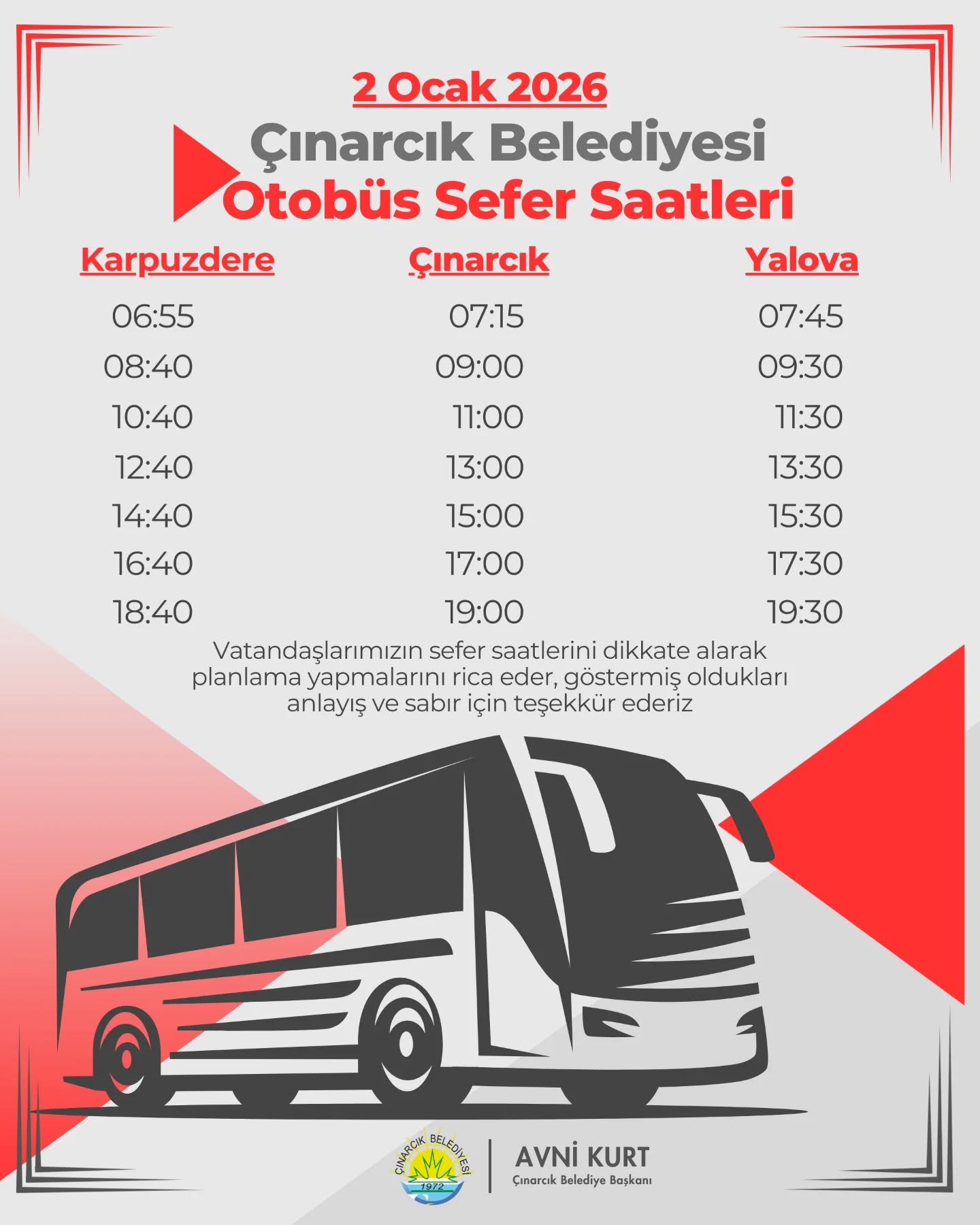 Yalova Cinarcik Belediye Otobus 2026 Saat Degisiklik Yeni Tarife (3)