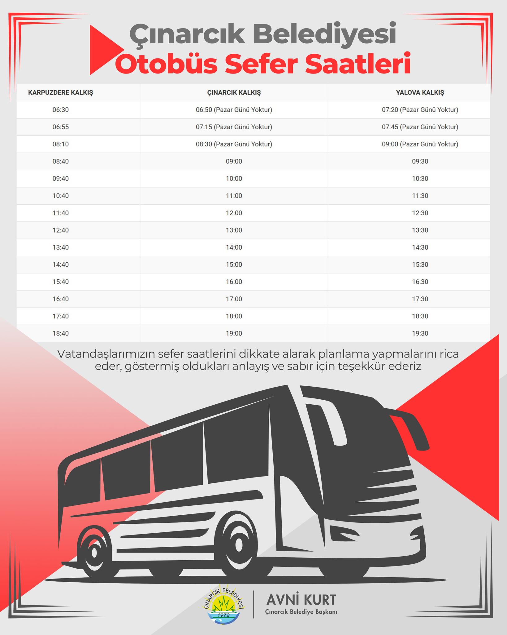 Yalova Cinarcik Karpuzere Belediye Otobus Sefer Saat Yeni Tarife (1)