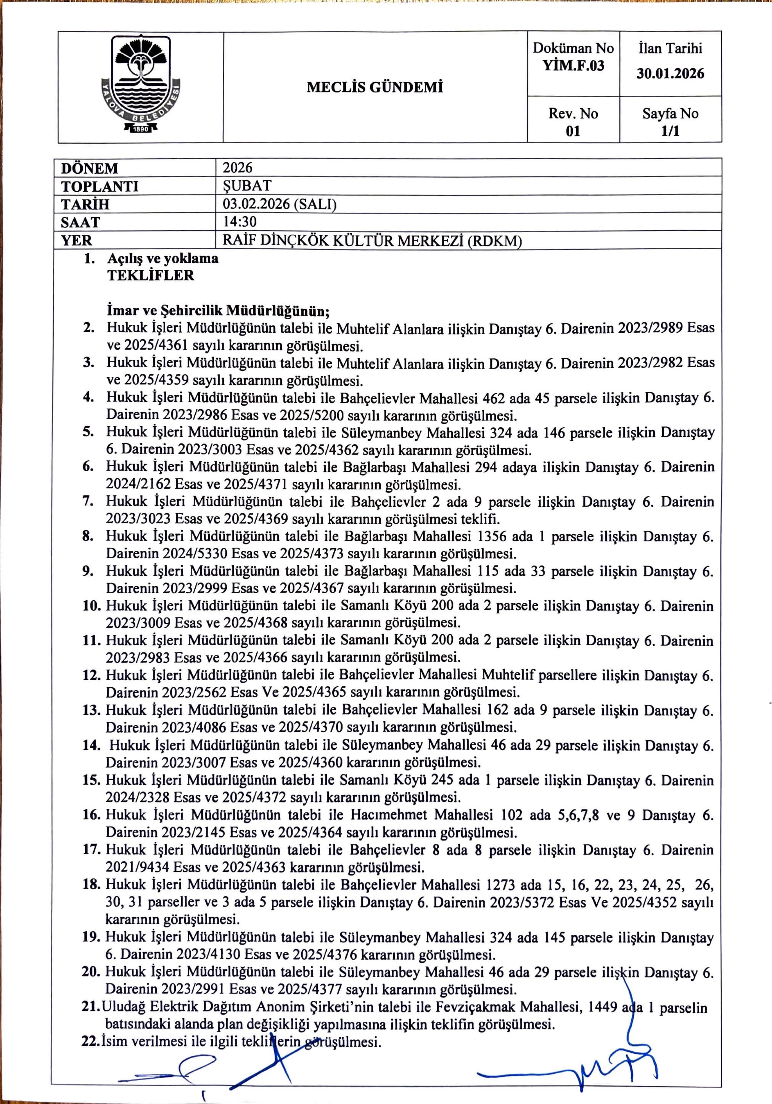 Yalova Belediye Meclis Subat Ayi Toplanti Gundem 1