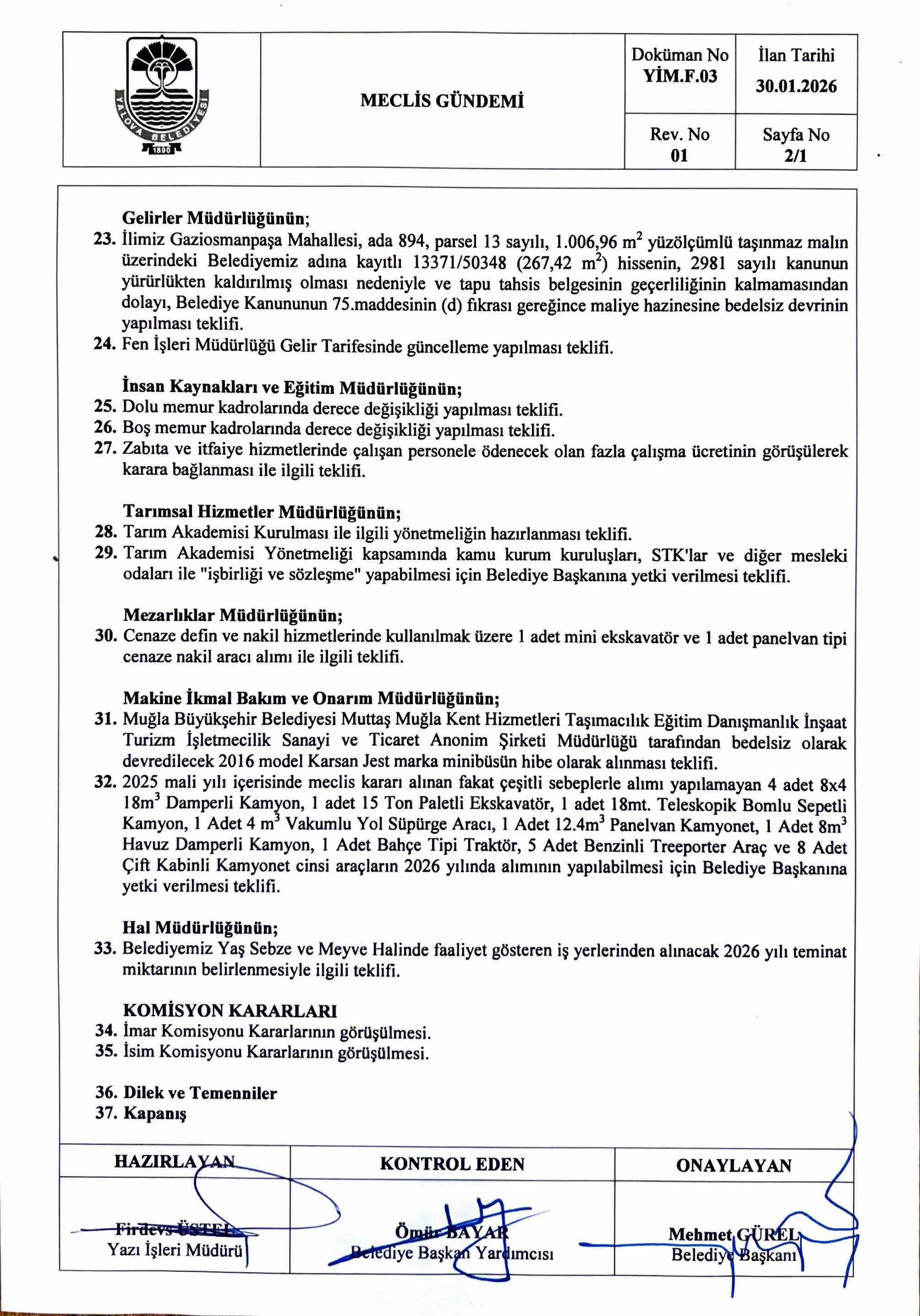 Yalova Belediye Meclis Subat Ayi Toplanti Gundem 2