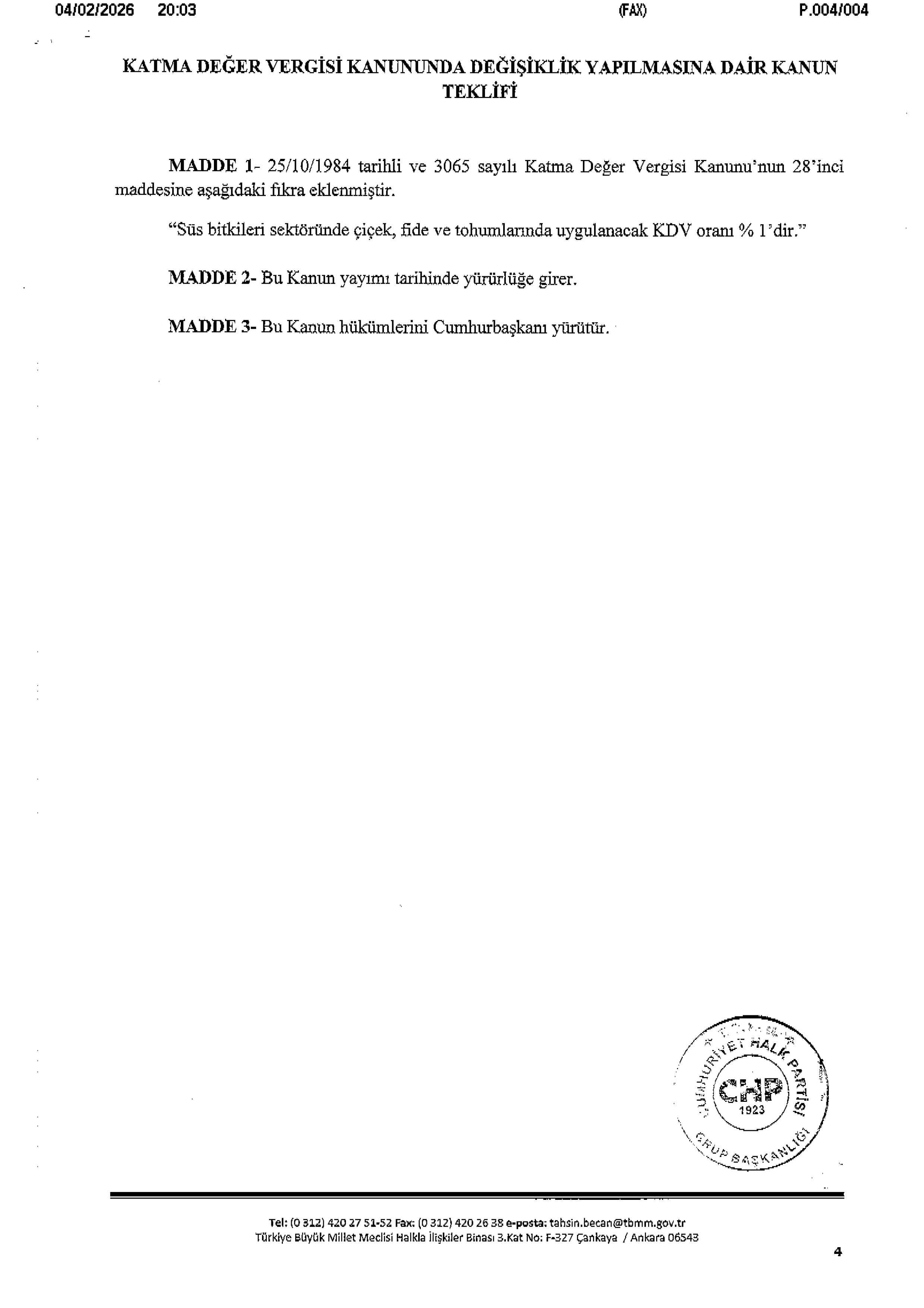 Yalova Cumhuriyet Halk Partisi Vekil Sus Bitkileri Cicekcilik Sektor Kdv Oran Tbmm Kanun Teklif 4