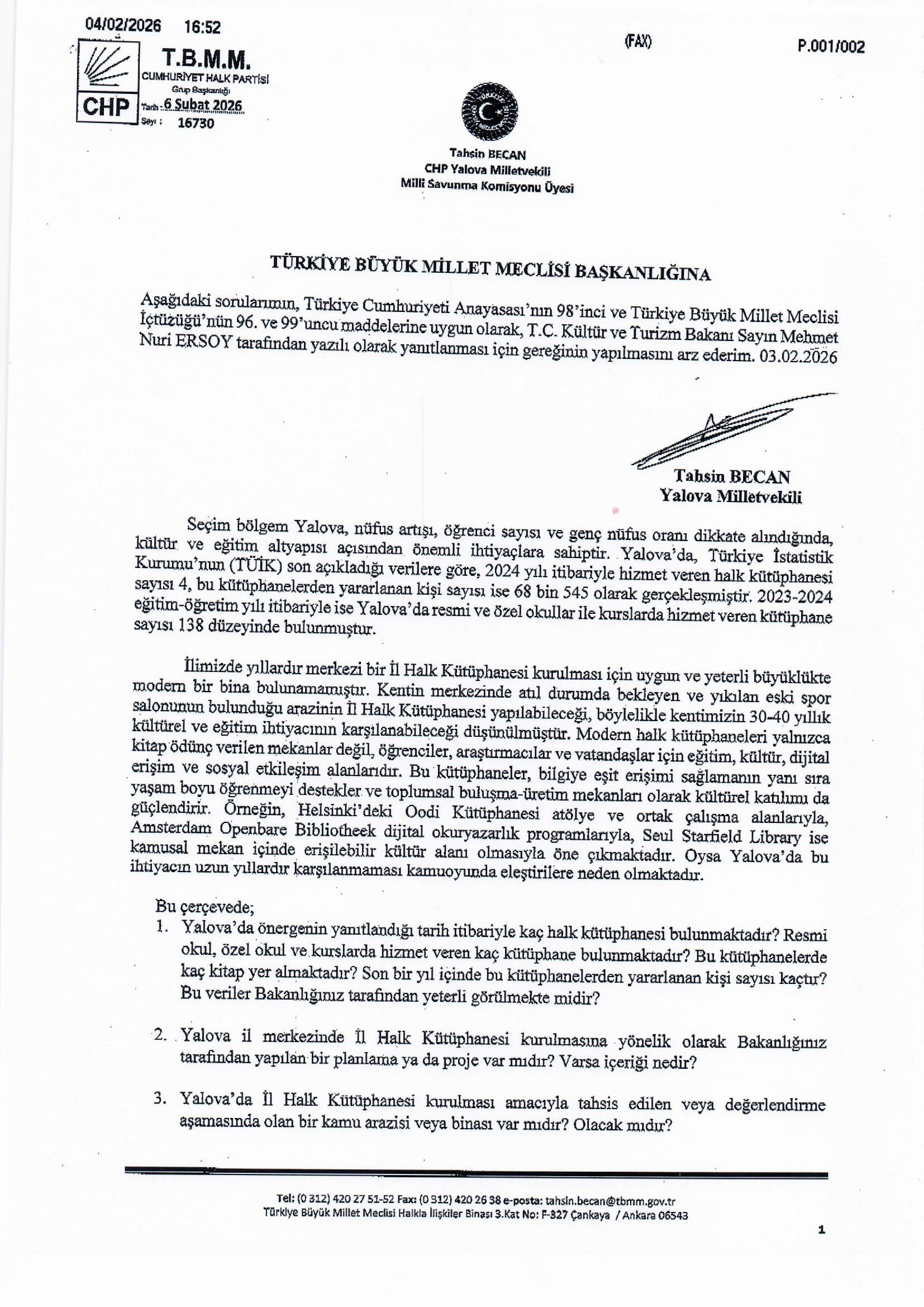 Yalova Chp Vekil Tbmm Kutuphane Sorun Soru Onerge 1