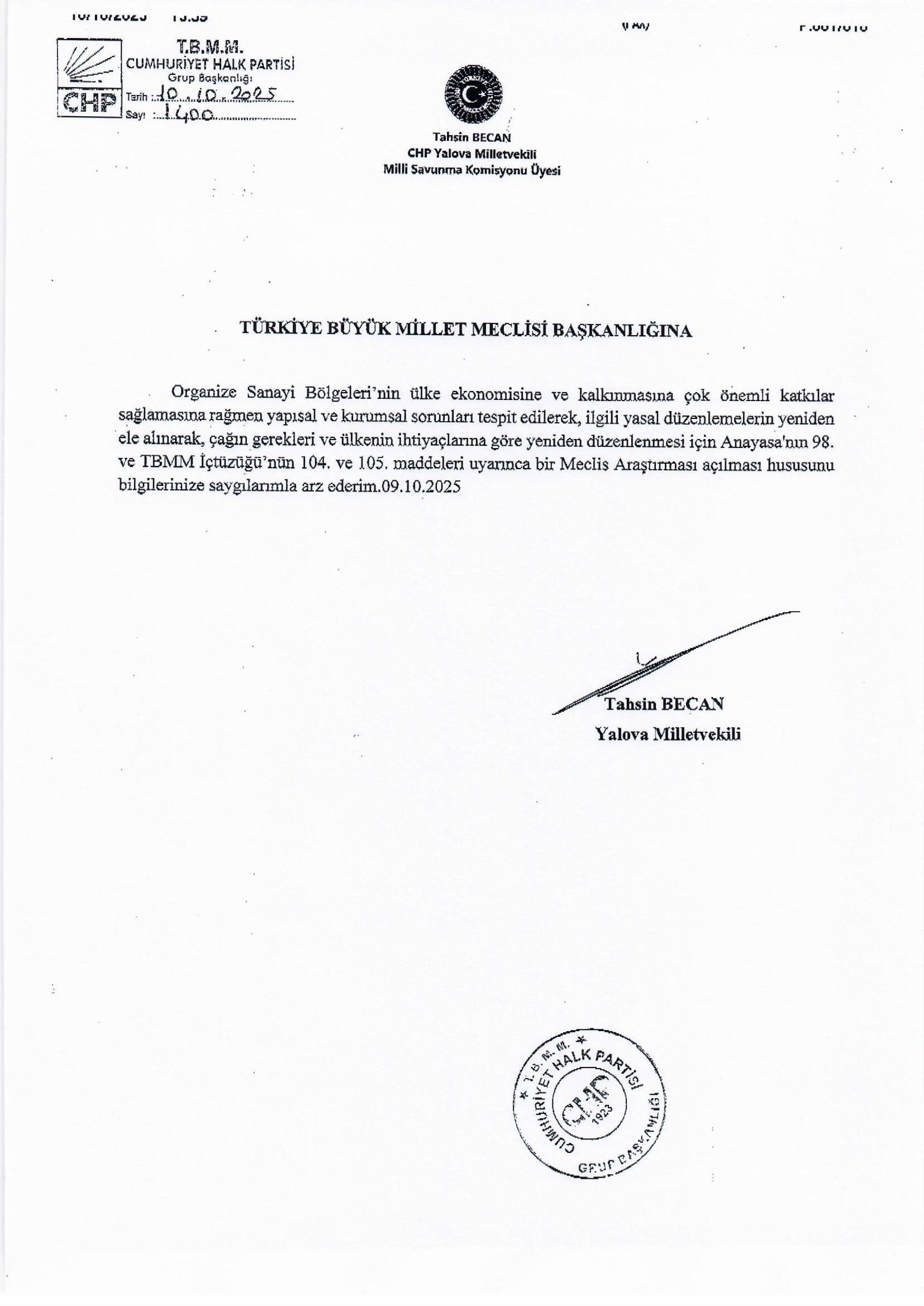 Yalova Chp Vekil Tbmm Organize Sanayi Bolgesi Kacak Burokratik Problemler 1