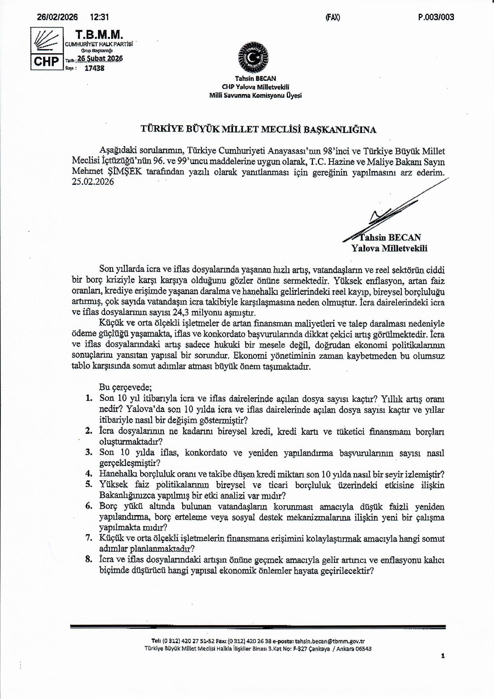 Yalova Cumhuriyet Halk Partisi Vekil Icra Dosya Milyonlar Bakan Simsek Soru Onerge Tbmm 1