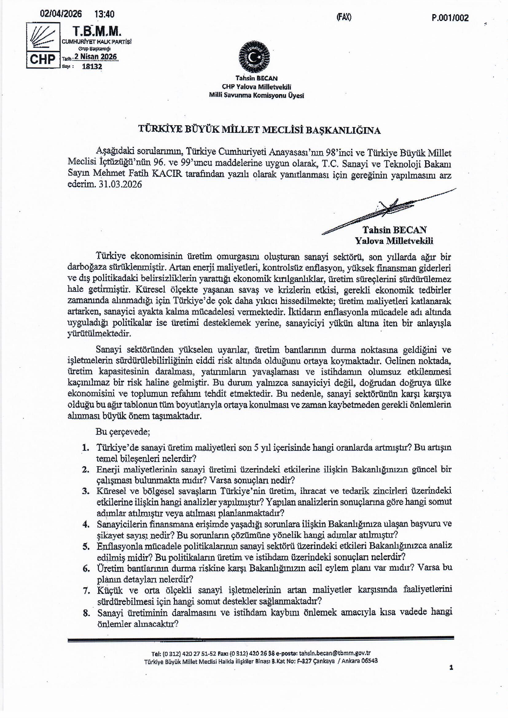 Yalova Chp Vekil Sanayi Sektor Daralma Bakan Soru Onerge-1