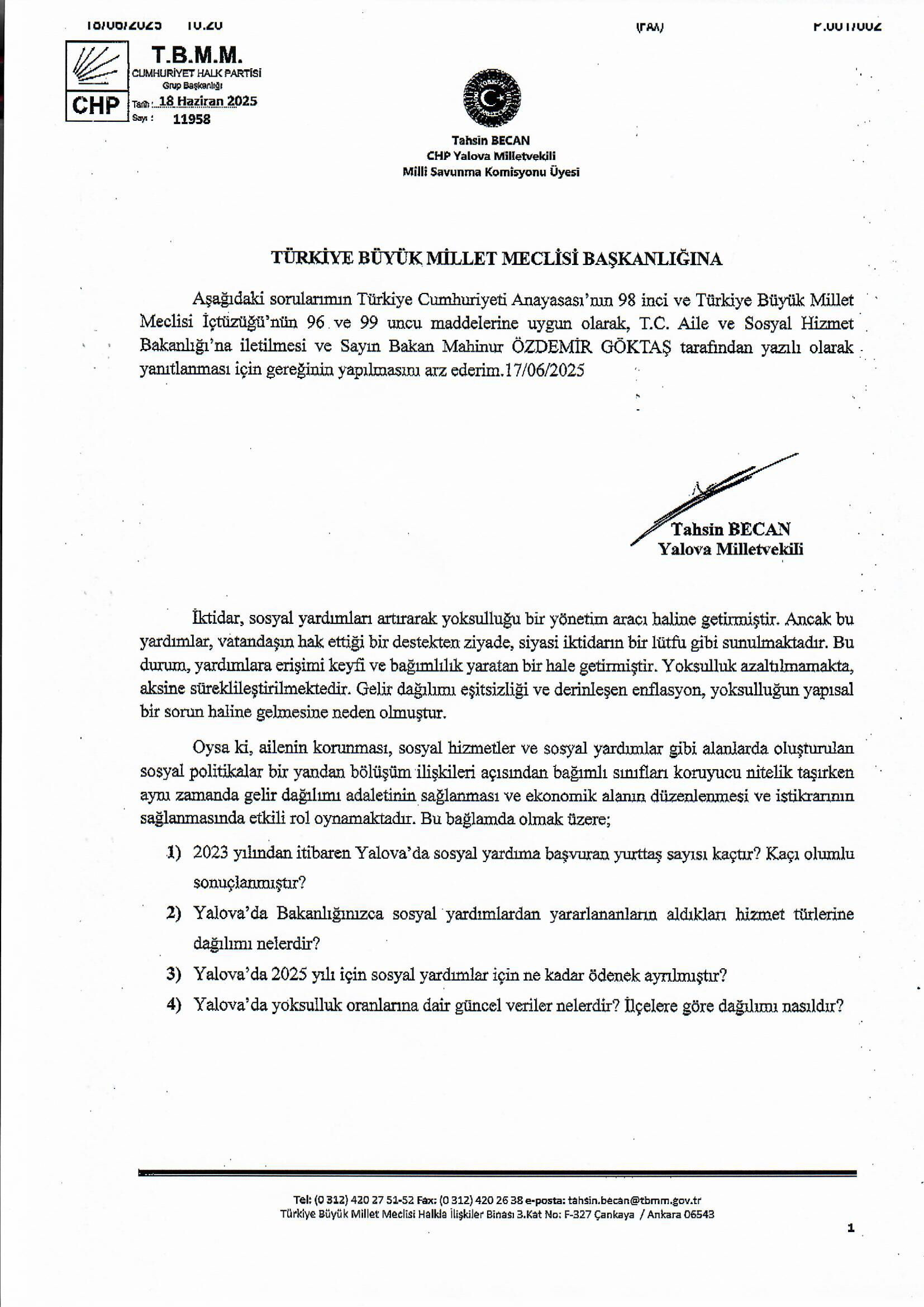 Yalova Cumhuriyet Halk Partisi Vekil Tbmm Soru Onerge Iktidar Sosyal Yardim Yoksulluk Elestiri (2)