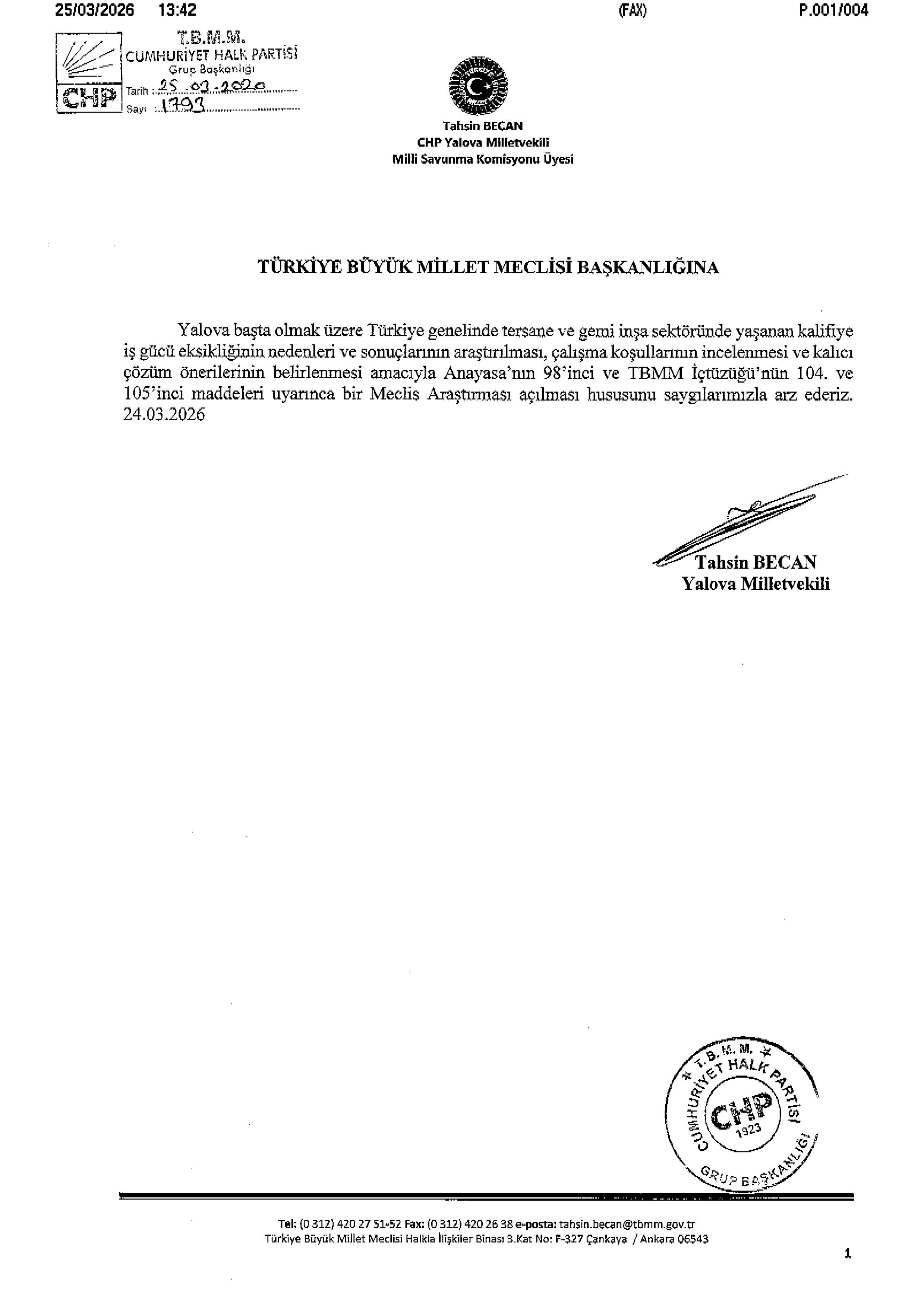Yalova Chp Vekil Altinova Gemi Tersane Kalifiye Isgucu Acik Tbmm Arastirma Onerge 1