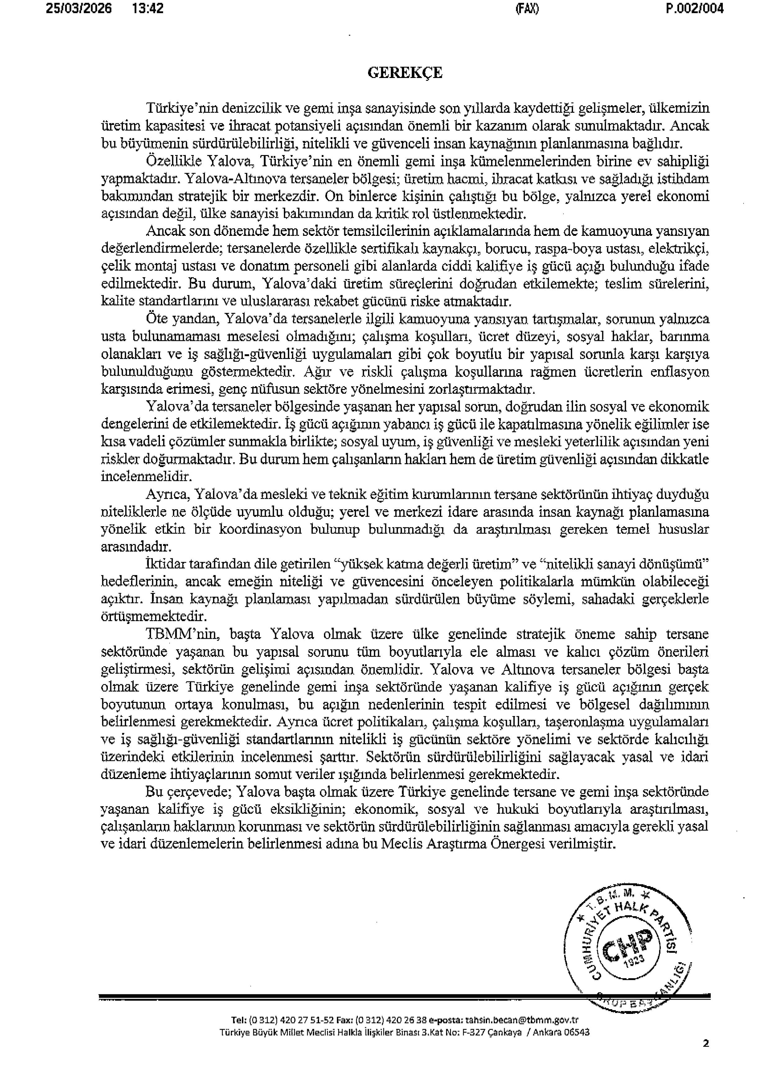 Yalova Chp Vekil Altinova Gemi Tersane Kalifiye Isgucu Acik Tbmm Arastirma Onerge 2