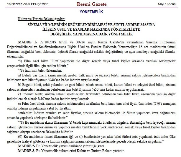 Turkiye Kultur Bakanlik Sinemalar Resmi Gazete Film Bilet Indirim