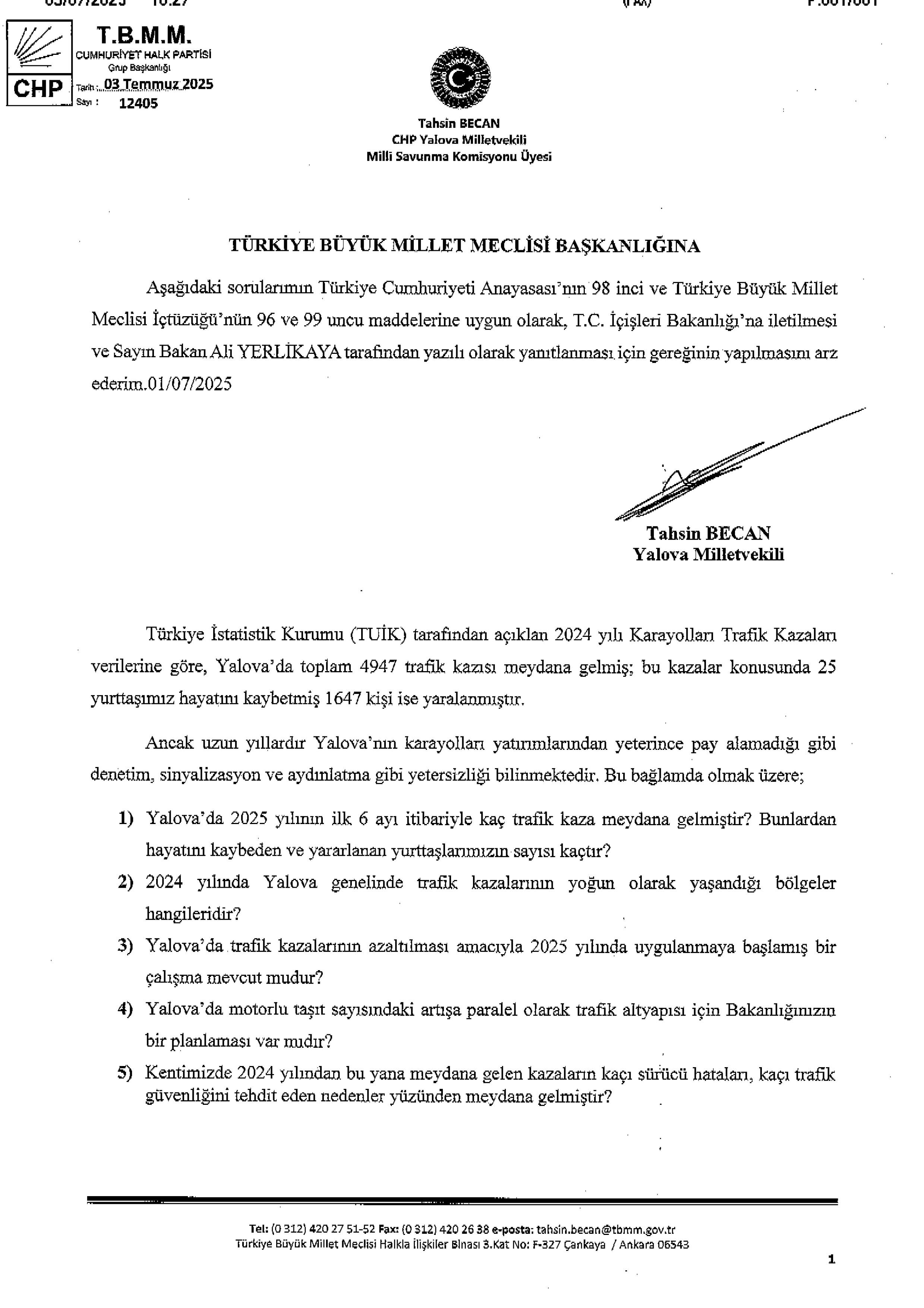Yalova Cumhuriyet Halk Partisi Vekil Trafik Kazalari Icisleri Bakanlik Elestiri-1