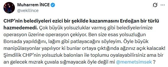 Yalova Eski Vekil Muharrem Ince Chp Belediye Operasyonlar Cumhurbaskani Erdogan Hazine Maliye Bakan Elestiri