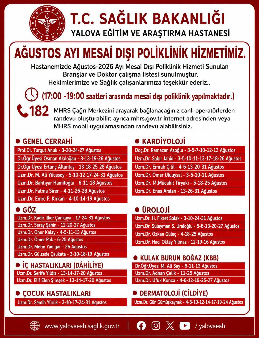 Yalova Egitim Arastirma Hastanesi Mesai Disi Poliklinik Duyuru (1)