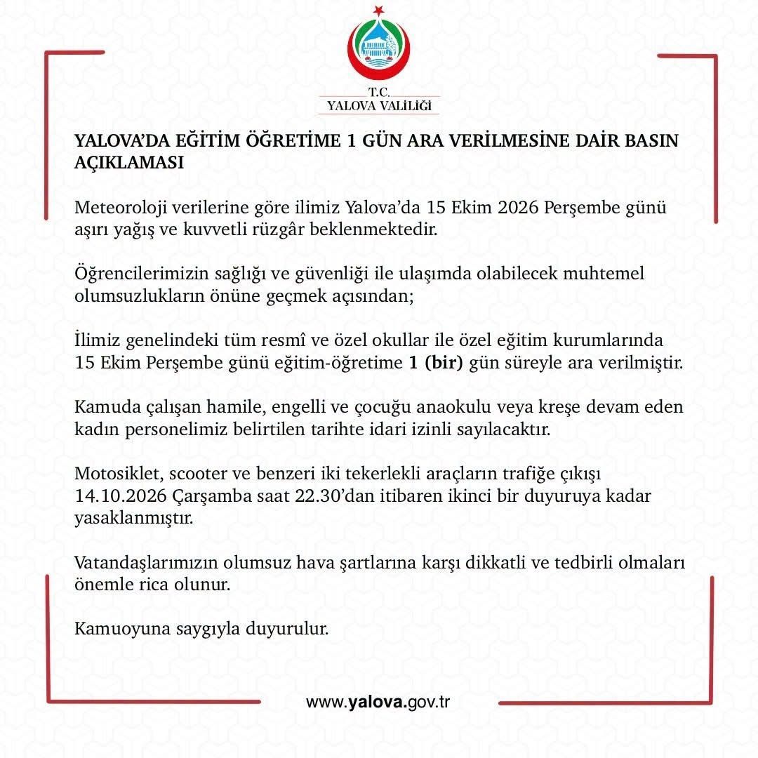Yalova Valiliği Duyuru