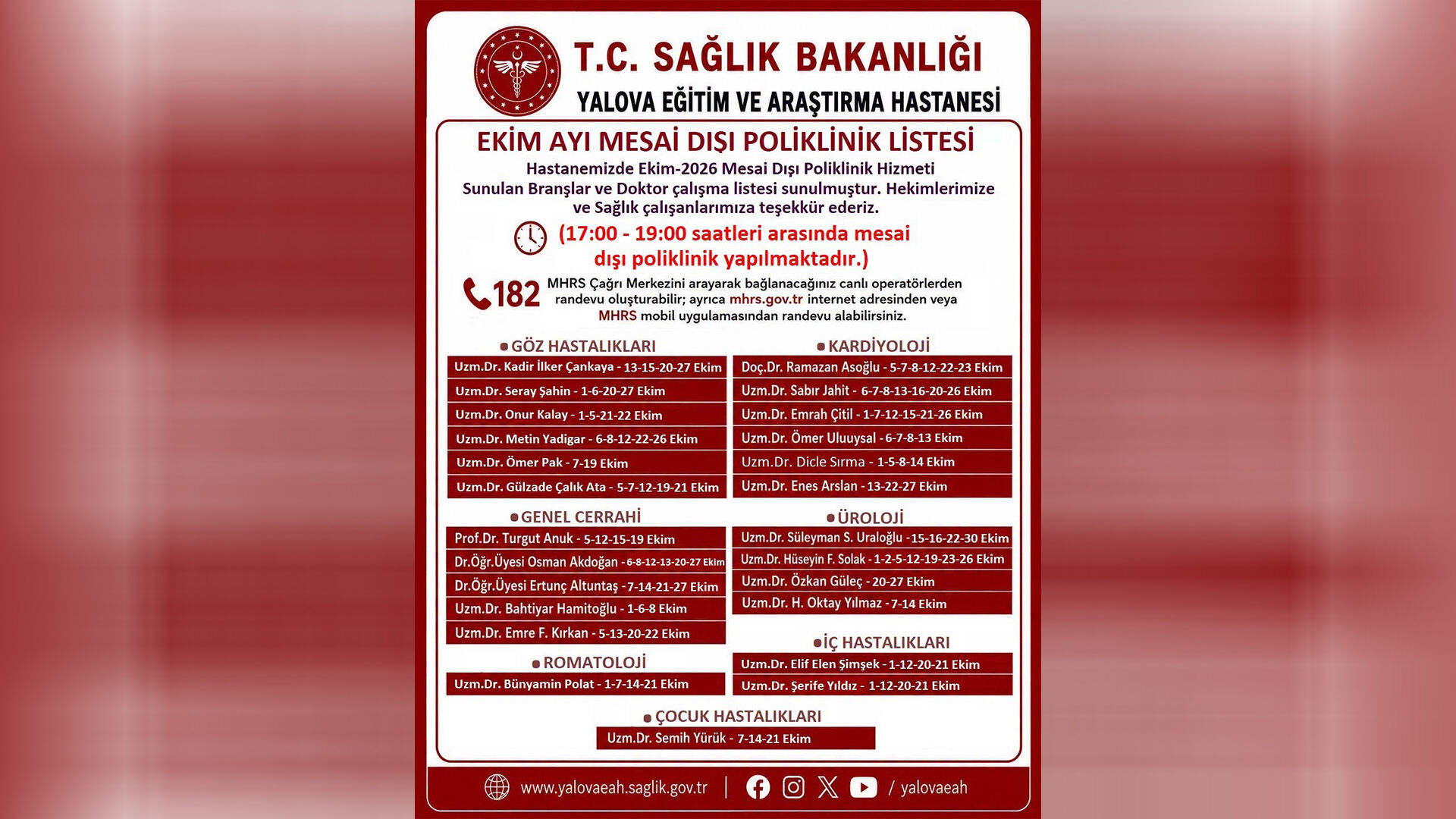 Yalova’da Ekim Ayı Mesai Dışı Poliklinik Hizmetleri Açıklandı